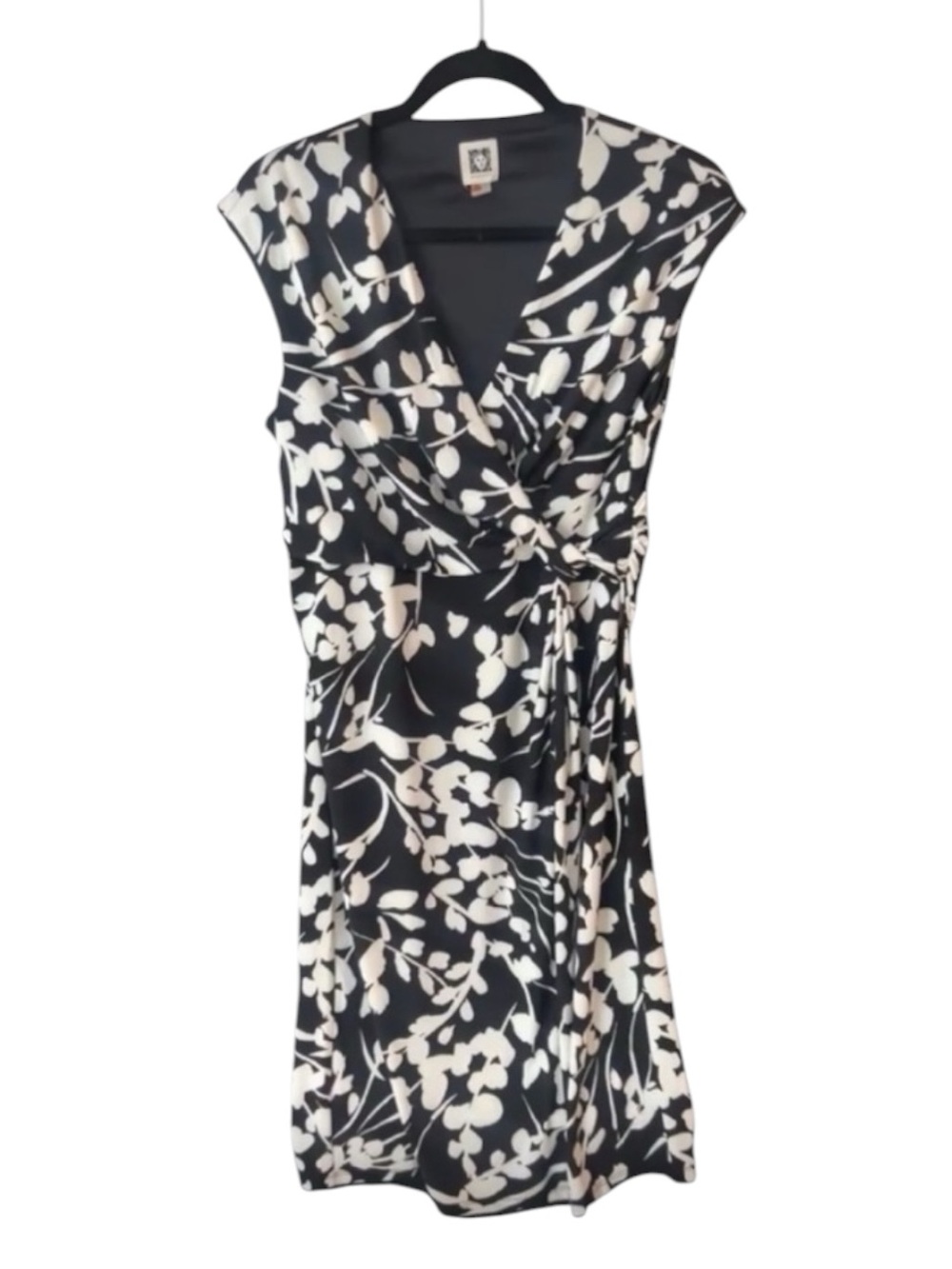 Anne Klein Black White Floral Sleeveless Surplice Wrap Midi Cocktail Dress Sz. M